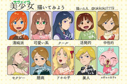  6+girls :d ^_^ blonde_hair blue_eyes blue_hair blush brown_eyes brown_hair chako_(mujin_wakusei_survive) chart closed_eyes closed_mouth collarbone collared_shirt commentary_request crossdressing dress_shirt earrings frown furry furry_female glasses green_eyes hair_ribbon hands_on_own_cheeks hands_on_own_face happy heart highres howard_(mujin_wakusei_survive) jewelry let&#039;s_draw_pretty_girls_challenge lipstick lolicon long_hair looking_at_viewer looking_away looking_down looking_up low_twintails luna_(mujin_wakusei_survive) makeup medium_hair menori mujin_wakusei_survive multiple_drawing_challenge multiple_girls oerba_yun_fang open_mouth orange_hair polka_dot polka_dot_background portrait purple_eyes purple_sweater_vest raglan_sleeves rakikoko red_eyes red_lips red_ribbon ribbon sad sharla_(mujin_wakusei_survive) shirt short_hair short_twintails smile smirk sweater_vest swept_bangs translated turtleneck twintails zilba 