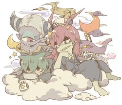  2boys bad_id bad_pixiv_id baku_(creature) baku_(youkai_watch) breasts cleavage cloud colored_sclera colored_skin commentary_request crescent crescent_moon cup cyclops female fuumin_(youkai_watch) handheld_game_console kantetsu large_breasts long_hair looking_back monster_girl moon mug multiple_boys nintendo_3ds on_cloud one-eyed pointy_ears purple_skin sharp_teeth star_(symbol) teeth tetsuya_(youkai_watch) ticktack_chicken traditional_youkai white_background yellow_sclera youkai_(youkai_watch) youkai_watch 