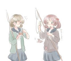  2girls bad_id bad_pixiv_id badge bandaid bandaid_on_face black_skirt brown_eyes brown_hair cardigan cowboy_shot crab fishing_rod hair_bobbles hair_ornament hina_(bird_salty) kantai_collection long_sleeves multiple_girls oboro_(kancolle) open_mouth pet pink_eyes pink_hair rabbit sazanami_(kancolle) school_uniform serafuku short_hair simple_background skirt standing translation_request twintails white_background 