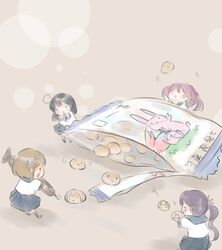  4girls :&gt; :&lt; :3 :o ahoge akebono_(kancolle) bad_id bad_pixiv_id bag bandaid bandaid_on_face black_hair blush_stickers brown_hair chibi closed_eyes crab eating flower food hair_bobbles hair_flower hair_ornament hina_(bird_salty) kantai_collection long_hair mini_person minigirl multiple_girls oboro_(kancolle) open_bag pink_hair purple_hair rabbit sazanami_(kancolle) school_uniform serafuku short_hair side_ponytail smile twintails ushio_(kancolle) 