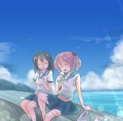  2girls ahoge bad_id bad_pixiv_id black_hair closed_eyes cloud day eating food hina_(bird_salty) ice_cream kantai_collection lens_flare long_hair multiple_girls ocean open_mouth outdoors pink_hair popsicle sazanami_(kancolle) school_uniform serafuku short_hair short_sleeves sitting skirt sky ushio_(kancolle) 