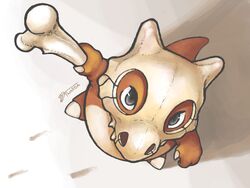  bone claws commentary_request cubone from_above full_body grey_eyes holding holding_bone looking_up no_humans pokemon pokemon_(creature) shadow signature simple_background solo twarda8 white_background 