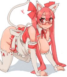  all_fours animal_ears apron borrowed_character bow breasts cat_ears cat_tail cleavage commentary_request female glasses hanging_breasts heart large_breasts light_smile long_hair looking_at_viewer maid maid_apron minakami_(flyingman555) oekaki original pink_eyes pink_hair red_bow red_eyes red_ribbon ribbon solo srco tail thighhighs twintails white_background 