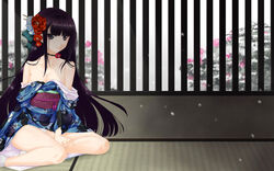  bare_shoulders black_eyes black_hair breasts cleavage female hair_ornament long_hair looking_at_viewer miyata_sou muvluv muvluv_alternative muvluv_total_eclipse open_clothes sitting solo tagme yamashiro_kazusa 