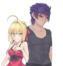  1boy ahoge bare_shoulders blonde_hair blue_hair breasts caligula_(fate/grand_order) dark_skin dress fate/extra fate/grand_order fate_(series) female green_eyes hair_bun open_mouth pants red_eyes ribbon saber_extra short_hair smile uncle_and_niece 