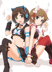  2girls animal_ear_headphones animal_ears asterisk_(idolmaster) bad_id bad_pixiv_id banana_(hirane1988) brown_hair cat_ear_headphones cat_ears commentary_request cosplay costume_switch fake_animal_ears garter_straps green_eyes headphones idolmaster idolmaster_cinderella_girls maekawa_miku maekawa_miku_(cosplay) multiple_girls open_mouth over_the_collar_(idolmaster) short_hair skirt tada_riina tada_riina_(cosplay) thighhighs 