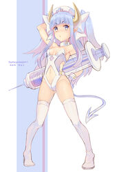  arm_behind_head arm_up armpits blue_eyes blue_hair boots breasts commentary_request female gloves groin hand_on_own_hip hat horns leotard long_hair navel nonoya_nayori nurse_cap original oversized_object ribbon small_breasts solo syringe tail thigh_boots thighhighs two_side_up white_theme 