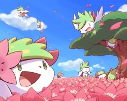  2018 5:4 back_plant back_shrub cloud elemental_creature feral field flora_fauna flower flower_(anatomy) flower_field generation_4_pokemon group head_flower land_forme_shaymin legendary_pokemon nettsuu nintendo open_mouth outside plant pokemon pokemon_(species) shaymin sky sky_forme_shaymin tree 