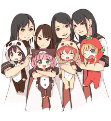  6+girls :d ;d ^_^ akaza_akari animal_costume black_hair blonde_hair blue_eyes brown_eyes brown_hair cat_costume chibi closed_eyes commentary_request dog_costume dress foge funami_yui highres looking_at_viewer mikami_shiori multiple_girls nanamori_school_uniform one_eye_closed ookubo_rumi ootsubo_yuka open_mouth pajamas panda_costume pink_hair real_life red_hair sailor_dress school_uniform serafuku smile teeth tomato_costume toshinou_kyouko tsuda_minami voice_actor white_background yoshikawa_chinatsu yuru_yuri 