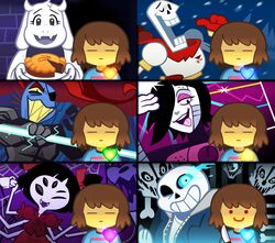  3boys 3girls =_= androgynous armor arthropod_girl bad_link black_hair blue_eyes bone brown_hair c: closed_eyes colored_sclera colored_skin cup energy_spear extra_arms extra_eyes eyelashes eyepatch fangs food frisk_(undertale) furry gloves glowing glowing_eye goat_girl graph graph_(object) grin hair_over_one_eye hair_ribbon heart horns jacket knife mettaton mettaton_ex monster muffet muffet&#039;s_pet multiple_boys multiple_girls one_eye_closed open_mouth papyrus_(undertale) pie polearm ponytail purple_skin red_eyes red_hair ribbon sans_(undertale) scarf sharp_teeth shirt short_twintails skeleton skull smile snow spear spider_girl spoilers striped_clothes striped_shirt teacup teeth tongue tongue_out toriel twintails two_side_up undertale undyne unoobang weapon yellow_sclera yellow_teeth 