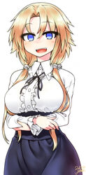  absurdres blonde_hair blue_eyes blush breasts commentary_request female frilled_shirt frills highres himekawa_hinari large_breasts long_hair looking_at_viewer low_twintails meme_attire oerba_yun_fang open_mouth original shirt simple_background smile solo twintails virgin_killer_outfit white_background yoshida_hideyuki 