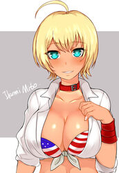  ahoge american_flag american_flag_bikini american_flag_print aqua_eyes bikini blonde_hair breasts character_name cleavage collar commentary_request dark-skinned_female dark_skin female flag_print front-tie_top heart heart-shaped_pupils highres large_breasts mito_ikumi parted_lips print_bikini shirt shokugeki_no_souma short_hair smile solo sound_tamashi swimsuit symbol-shaped_pupils tied_shirt upper_body wrist_cuffs 