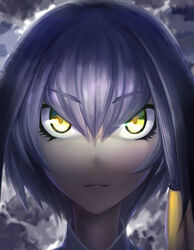  airysher closed_mouth commentary_request female glowing glowing_eyes grey_hair hair_between_eyes highres kemono_friends looking_at_viewer portrait shoebill_(kemono_friends) solo yellow_eyes 