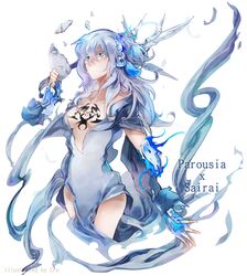  blue_eyes blue_hair breasts broken character_request cleavage commentary_request crossover cytus deemo female lestored_cro long_hair mask medium_breasts parousia_(deemo) sairai_(deemo) solo song_name tattoo tears 