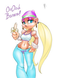  2017 5_fingers alternative_fashion amekaji anthro banana big_breasts blonde_hair blue_eyes bottomwear breasts cleavage clothed clothing donkey_kong_(series) ear_piercing ear_ring eyebrows eyelashes eyeshadow female fingers food fruit ganguro_(fashion) gyaru hair hand_on_hip haplorhine hoop_ear_ring huge_breasts j-fashion kong long_hair looking_at_viewer makeup mammal midriff monkey navel nintendo pants piercing plant primate ring_piercing solo streetwear thefuckingdevil tiny_kong v-cut wide_hips y2k_(fashion) 