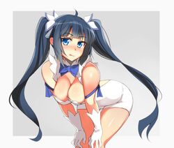  :q black_hair blue_eyes blue_ribbon blush breasts cleavage commentary_request dress dungeon_ni_deai_wo_motomeru_no_wa_machigatteiru_darou_ka female gloves hair_ribbon hestia_(danmachi) hevn large_breasts long_hair pencil_dress photoshop_(medium) rei_no_himo ribbon solo tongue tongue_out twintails white_gloves 