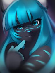  2013 3:4 anthro bangs black_body black_fur blue_eyes blue_hair blue_nose braided_hair bust_portrait digital_media_(artwork) facial_markings felid female fingerless_(marking) forefinger front_view fur hair head_markings hi_res kanel long_hair looking_at_viewer mammal markings melody_(lilkittenalice) nude pantherine playful portrait side_braid smile solo 