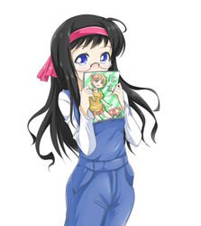  black_hair blue_eyes comic_party commentary_request female glasses hairband holding long_hair looking_at_viewer magazine_(object) overalls photoshop_(medium) rimless_eyewear sakurai_asahi solo tsukasa_0913 white_background 