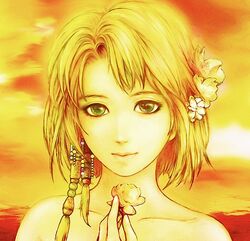  brown_hair commentary_request detached_sleeves female final_fantasy final_fantasy_x fm77_(artist) hair_ornament heterochromia jewelry short_hair solo upper_body yuna_(ff10) 