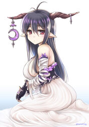  antenna_hair bandaged_arm bandages black_gloves black_hair blush breasts crescent danua draph dress female fingerless_gloves gloves granblue_fantasy hair_between_eyes horn_ornament horns jewelry large_breasts long_hair looking_at_viewer narumizg pointy_ears red_eyes sideboob simple_background solo white_background white_dress 