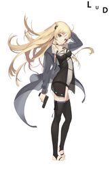  artist_name barefoot black_thighhighs blonde_hair braid breasts cleavage commentary_request female french_braid girls&#039;_frontline green_eyes gun hair_ornament handgun holding holding_gun holding_weapon jacket k5_(girls&#039;_frontline) long_hair looking_at_viewer lud medium_breasts smile solo standing thighhighs toeless_legwear weapon 