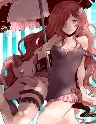  anna_(granblue_fantasy) arm_garter blush bridal_garter brown_eyes brown_hair cat_hair_ornament commentary_request female frilled_one-piece_swimsuit frills gothic_lolita granblue_fantasy hair_ornament hair_over_one_eye lolita_fashion long_hair looking_at_viewer miwayama one-piece_swimsuit smile stuffed_toy swimsuit umbrella very_long_hair 