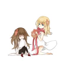  2girls alice_(deemo) barefoot brown_hair commentary_request crossover cytus deemo dress flower flower_wreath hair_flower hair_ornament holding holding_wreath kneeling lestored_cro long_hair multiple_girls orange_flower sitting smile vanessa_(cytus) wrench 