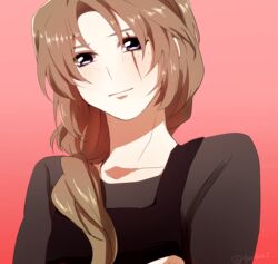  1boy apron bad_id bad_pixiv_id blush brown_hair collarbone crossed_arms gradient_background long_hair low-tied_long_hair male_focus minashiro_soushi ponytail purple_eyes red_background scar smile solo soukyuu_no_fafner twitter_username yuriha 