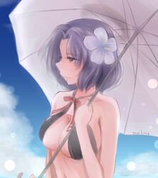  bad_id bad_pixiv_id bare_shoulders bikini black_bikini blue_sky breasts cleavage cloud day female flower hair_flower hair_ornament hina_(bird_salty) kantai_collection large_breasts looking_to_the_side mole mole_under_eye official_alternate_costume outdoors over_shoulder parasol purple_eyes purple_hair sky solo swimsuit tatsuta_(kancolle) tatsuta_(swimsuit_mode)_(kancolle) umbrella upper_body 