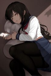  black_hair black_pantyhose blue_sailor_collar blue_skirt cellphone closed_eyes commentary_request dakimakura_(object) female holding holding_phone hugging_object long_hair long_sleeves lying midriff_peek miniskirt neckerchief on_side open_mouth original pantyhose phone pillow pillow_hug pleated_skirt red_neckerchief sailor_collar school_uniform serafuku shirt skirt sleeping smartphone solo tears very_long_hair white_shirt yoshihiro_(yoshihiro12190) 