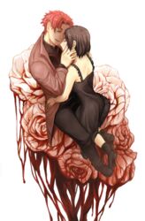  1boy baccano! bad_id bad_pixiv_id black_dress black_footwear black_hair blood chane_laforet claire_stanfield closed_eyes dress female flower full_body hand_on_another&#039;s_face hand_on_another&#039;s_hip highres hug imminent_kiss kneeling open_mouth red_hair rose shoes sitting xiaoren359 