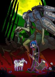  1boy atlus axe blood blue_hair canine cerberus_(megami_tensei) koromaru megami_tensei monster moon multiple_heads musical_note persona persona_3 petting shin_megami_tensei thanatos thanatos_(megami_tensei) weapon yuuki_makoto 