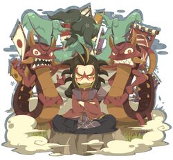  1boy bad_id bad_pixiv_id banner brown_hair commentary_request crossed_arms dragon frown gekidragon grass green_hair hakama hakama_skirt horns indian_style japanese_clothes kataginu looking_at_viewer looking_to_the_side monster_boy open_mouth orochi_(youkai_watch) sharp_teeth sitting skirt smoke teeth ticktack_chicken traditional_youkai tsuchigumo_(youkai_watch) youkai_(youkai_watch) youkai_watch 