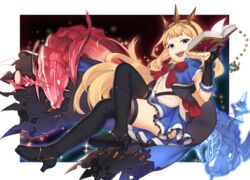  black_footwear black_gloves black_thighhighs blonde_hair blue_skirt book boots cagliostro_(dark)_(granblue_fantasy) cagliostro_(granblue_fantasy) capelet commentary_request crossed_legs crown female floating_hair gloves granblue_fantasy grin headpiece highres lio_(tsukuyomi-tei) long_hair looking_at_viewer open_book open_mouth ouroboros_(granblue_fantasy) partially_fingerless_gloves purple_eyes skirt smile solo star_(symbol) teeth thigh_boots thighhighs thighs 