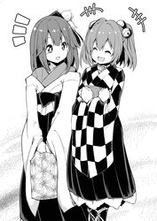  2girls bad_id bad_pixiv_id bell bow checkered_clothes checkered_kimono closed_eyes commentary_request flower greyscale hair_bell hair_flower hair_ornament hieda_no_akyuu japanese_clothes kimono monochrome motoori_kosuzu multiple_girls open_mouth ribbon shirokuma_(nankyoku) short_hair smile touhou twintails wide_sleeves 