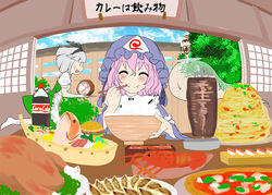  2girls ^_^ apron blue_sky blush bowl burger chicken_(food) chopsticks chopsticks_in_mouth closed_eyes cloud coca-cola commentary_request curry_is_a_beverage_(meme) day eating fish fish_(food) food food_on_face fried_chicken grey_hair hair_rings indoors jacket kebab konpaku_youmu konpaku_youmu_(ghost) lobster margherita_pizza meat meme multiple_girls nigirizushi open_clothes open_mouth parfait photoshop_(medium) pink_hair pizza puffy_short_sleeves puffy_sleeves rice_bowl running saigyouji_yuyuko shiina_excel short_sleeves sky smile sushi sushi_geta sweat touhou tree triangular_headpiece 