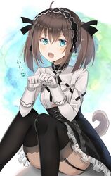  ahoge black_hairband black_ribbon black_skirt black_thighhighs blue_eyes brown_hair commentary_request corset dog_tail female frilled_skirt frills garter_straps gloves hair_between_eyes hair_ribbon hairband highres iriam koma_shibari long_hair long_sleeves myusha oerba_yun_fang open_mouth ribbon shirt sitting skirt solo tail thighhighs twintails virtual_youtuber white_gloves white_shirt 