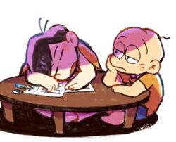  2boys artist_name bald black_hair blanket chibita facial_mark head_rest kuri_(shibimame) looking_at_another male_focus matsuno_karamatsu multiple_boys open_mouth osomatsu-kun osomatsu-san osomatsu_(series) pen protected_link shorts simple_background sitting sleeping table whisker_markings white_background 