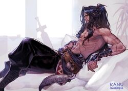  1boy artist_name bag bare_pectorals black_hair commentary crossed_legs dated gauntlets high_ponytail kim_hana long_hair male_focus manly muscular original pants pectorals pillow ponytail scar sitting symbol-only_commentary tail veins very_long_hair weapon window 