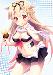  :p bare_shoulders bikini bikini_top_only black_ribbon blonde_hair blush braid breasts commentary_request female food gradient_hair hair_between_eyes hair_flaps hair_ornament hair_ribbon hairclip highres ice_cream ice_cream_cone kantai_collection long_hair looking_at_viewer medium_breasts miniskirt multicolored_hair navel pleated_skirt red_eyes ribbon sailor_bikini sailor_collar scarf single_braid skirt smile solo straight_hair suzumia_(daydream) swimsuit tongue tongue_out white_ribbon white_scarf yuudachi_(kancolle) yuudachi_kai_ni_(kancolle) yuudachi_kai_ni_(swimsuit)_(kancolle) 