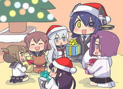  6+girls :d ^_^ akatsuki_(kancolle) anchor_symbol bad_id bad_pixiv_id black_hair black_skirt black_socks blue_eyes blush box brown_eyes brown_hair chibi christmas christmas_tree closed_eyes eyepatch folded_ponytail gift gift_box grey_hair hair_intakes hair_ornament hairclip hat hibiki_(kancolle) ikazuchi_(kancolle) inazuma_(kancolle) kantai_collection long_hair machinicalis multiple_girls neckerchief oerba_yun_fang open_mouth pleated_skirt ponytail purple_eyes purple_hair santa_hat school_uniform serafuku short_hair sitting skirt smile socks stuffed_animal stuffed_toy tatsuta_(kancolle) teddy_bear tenryuu_(kancolle) white_legwear 