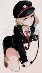  :o asarai bad_id bad_pixiv_id bare_legs beige_background belt black_hat black_jacket black_skirt blunt_bangs brown_footwear buttons collarbone collared_shirt commentary_request dress dress_shirt emblem female fingernails full_body hat high_heels highres holding jacket kneeling lips lipstick long_sleeves looking_at_viewer makeup midorikawa_hana necktie no_socks orange_lips parted_lips pencil_skirt pocket prison_school red_eyes red_necktie riding_crop shirt shoes simple_background skirt solo teeth thighs tsurime white_dress 