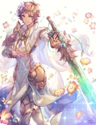  1boy brown_eyes brown_hair closed_mouth commentary_request cosplay flower glorybringer_(granblue_fantasy) glorybringer_(granblue_fantasy)_(cosplay) gran_(granblue_fantasy) granblue_fantasy hair_flower hair_ornament highres jiyo_(3510_tss) looking_at_viewer male_focus short_hair simple_background smile solo sword weapon white_background 