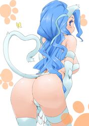  animal_ears animal_hands animal_print ass ass_focus big_hair blue_eyes blue_hair bug butterfly cat_ears cat_paws cat_print cat_tail commentary_request elbow_gloves felicia_(vampire) female gloves long_hair looking_back minakami_(flyingman555) solo tail thighhighs vampire_(game) white_background 