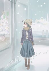  bad_id bad_pixiv_id bag blue_skirt boots christmas_ornaments christmas_tree day female footprints hina_(bird_salty) jacket kantai_collection ocean pantyhose purple_jacket satchel scarf ship skirt sky snowflakes snowing solo star_(symbol) ushio_(kancolle) watercraft window woollen_cap 