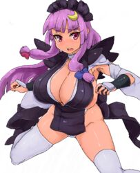  breasts cleavage commentary_request cosplay crescent crescent_hair_ornament female hair_ornament hair_ribbon huge_breasts iroha_(samurai_spirits) iroha_(samurai_spirits)_(cosplay) long_hair maid_headdress minakami_(flyingman555) oekaki patchouli_knowledge pelvic_curtain plump purple_eyes purple_hair revealing_clothes ribbon samurai_spirits solo touhou 