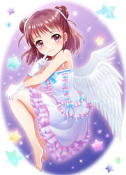  angel_wings bare_shoulders barefoot blush bow brown_hair choker commentary_request double_bun dress feet female frills gloves greave_(asterism) hair_bun idolmaster idolmaster_cinderella_girls legs munakata_atsumi purple_eyes short_hair smile solo star_(symbol) wings 