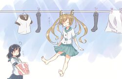  2girls abukuma_(kancolle) ahoge bad_id bad_pixiv_id barefoot black_footwear black_hair blonde_hair blush boots buttons carrying closed_eyes double_bun drying drying_clothes hair_bun hair_rings hina_(bird_salty) kantai_collection knee_boots laundry laundry_pole long_hair multiple_girls open_mouth outdoors pleated_skirt school_uniform serafuku short_sleeves skirt translated twintails unworn_boots ushio_(kancolle) 