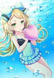  air_bubble atelier_(series) atelier_shallie bare_legs blonde_hair blue_background blue_bow blue_one-piece_swimsuit blue_theme bow bubble commentary_request covered_navel cowboy_shot curly_hair curry_korokke expressionless female green_eyes hairbow heart jitome long_hair looking_at_viewer miruca_crotze one-piece_swimsuit photoshop_(medium) solo swimsuit underwater 