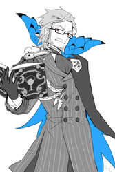  1boy ascot beard blue_theme book brown_eyes cape commentary_request cosplay facial_hair fate/apocrypha fate/grand_order fate_(series) gloves hair_slicked_back james_moriarty_(archer)_(fate) james_moriarty_(archer)_(fate)_(cosplay) male_focus monochrome moustache pinstripe_pattern smile solo spot_color striped tia_(cocorosso) upper_body william_shakespeare_(fate) 